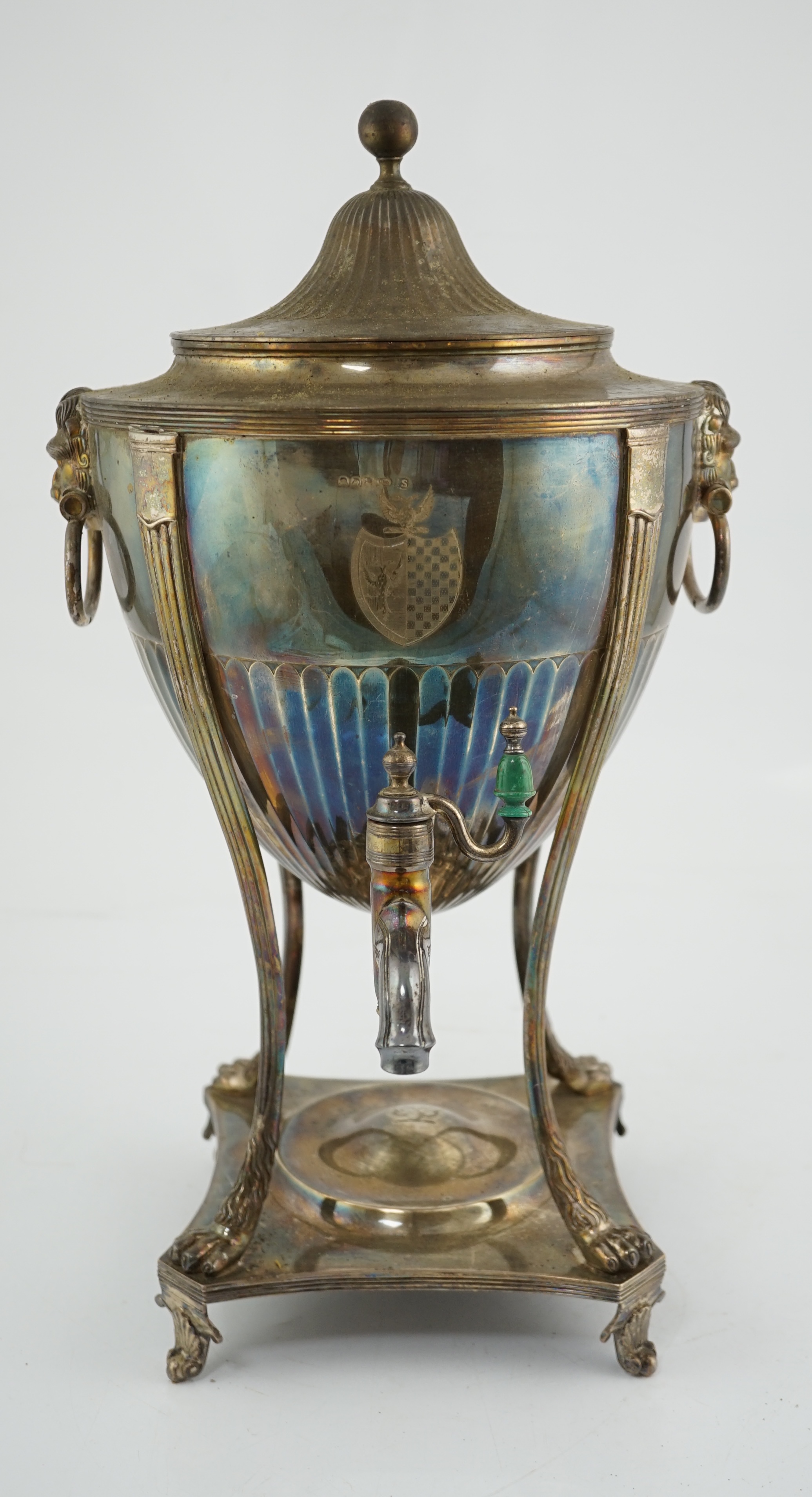 A George III demi-fluted silver tea urn and cover, by John Scofield, CITES submission reference:LS7U2WVX
